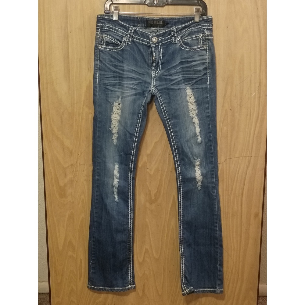 Premiere by rue21 Distressed Bootcut Jeans Embellished Pockets Blue 5/6R Y2K
